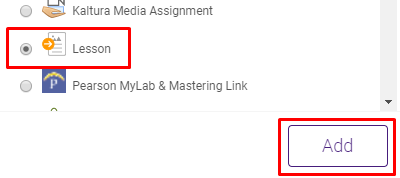 lesson activity and add button