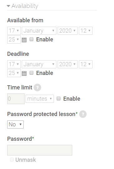 Availability settings in lesson activity