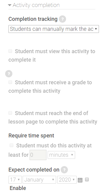 Activity Completion Settings in lesson activity