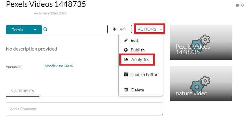 actions drop-down menu, analytics button selected