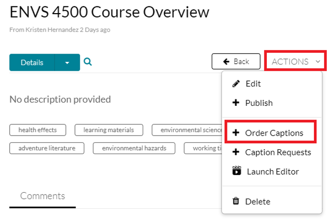 Order captions button under action menu
