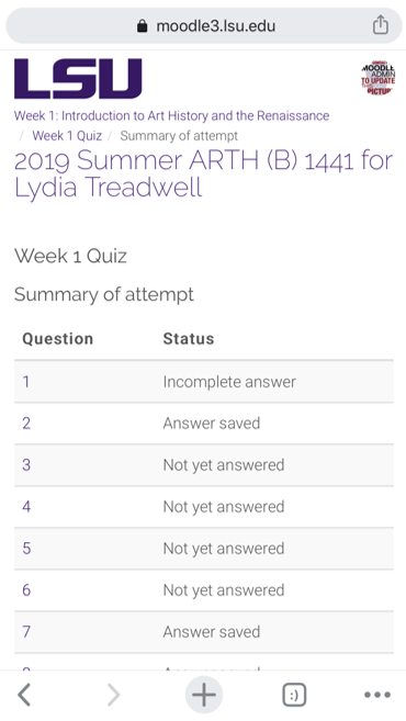 Summary screen of quiz attempt