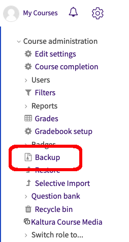 Course admin menu with "backup" highlighted
