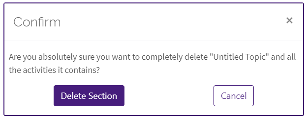 confirmation page to confirm or cancel the delete a section action