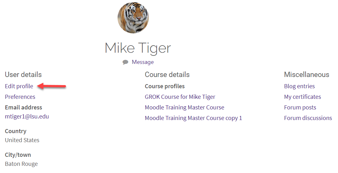 profile page in Moodle