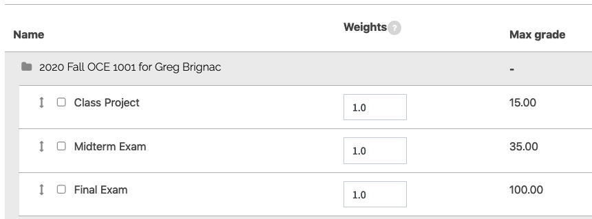 Custom Weights configured with different max grades but equal weights for all grade items