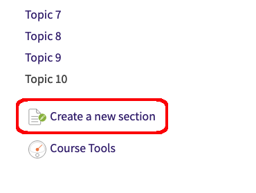 Create new section link below Contents in left sidebar