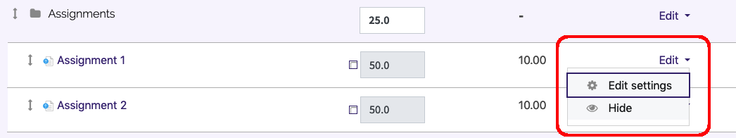 grade item in Gradebook Setup with Edit menu expanded