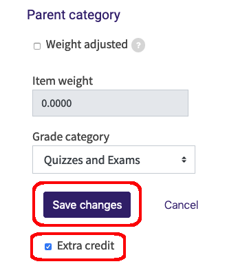 extra credit checkbox and save changes button at the bottom of the new grade item screen