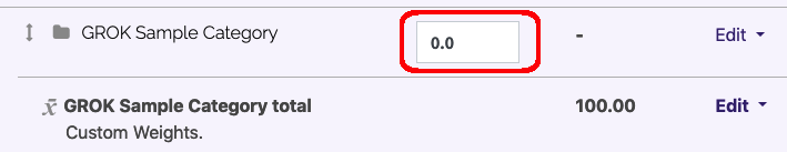 Gradebook setup screen depicting the Weight field for the newly created category