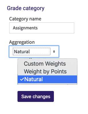 Aggregation drop down menu depicted under Edit Settings for a Moodle category