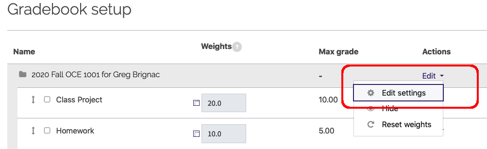 Edit settings located under the Edit drop down menu for the gradebook