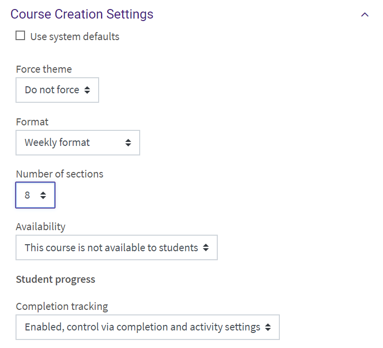 Set defaults for course creation settings