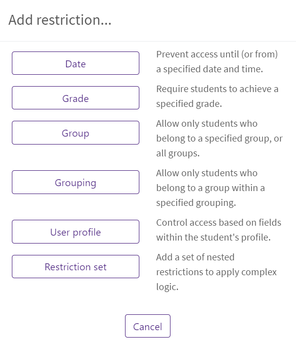 Menu of access restriction types
