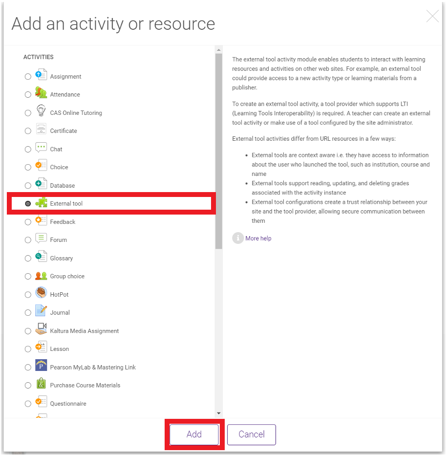 External tools option with add button at bottom