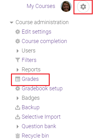 Course Administration menu with "Grades" highlighted