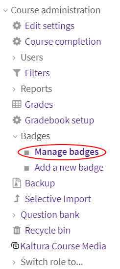 Manage badges option in Course administration menu