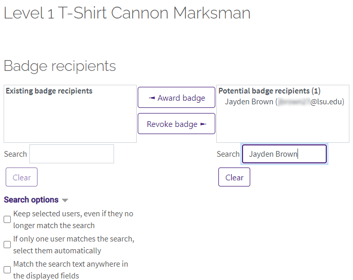 Form to select badge recipients
