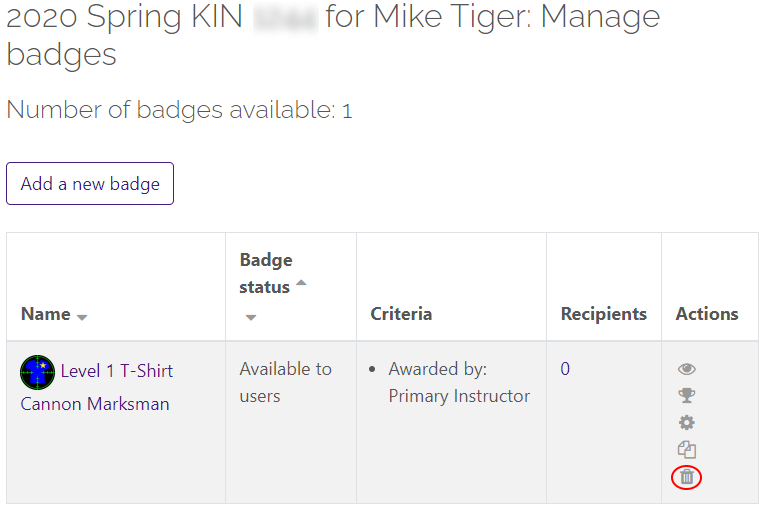 Manage badges with deletion icon circled