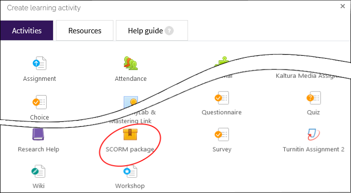 Scorm package icon under Activities 