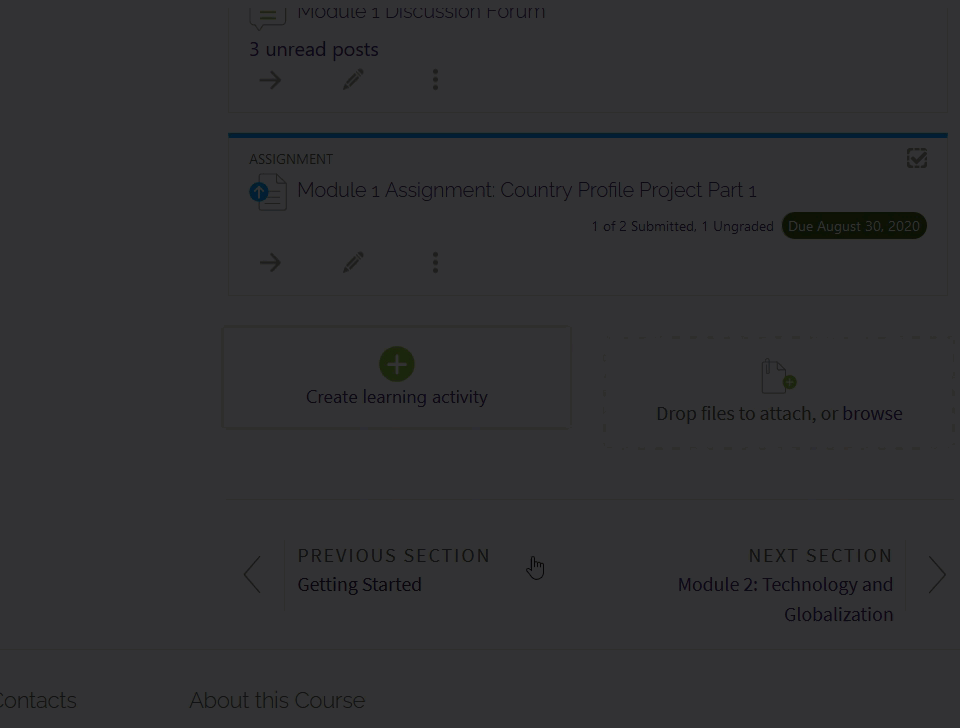 Gif of clicking "Create learning activity" showing the menu setup and items.