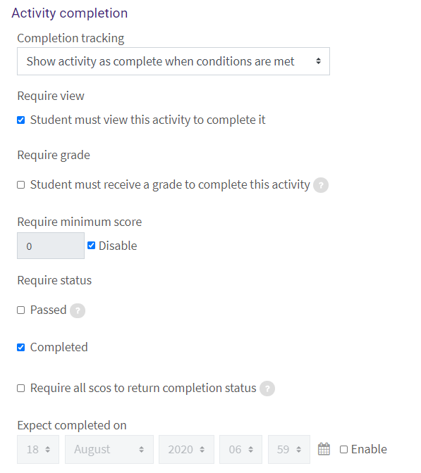 activity completion settings in SCORM package settings