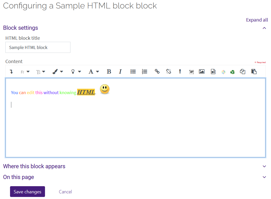 Configuring HTML block settings