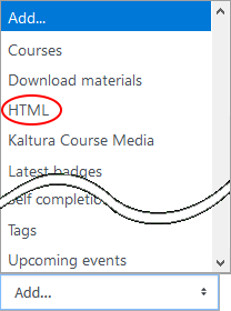 HTML option in add a block drop down menu