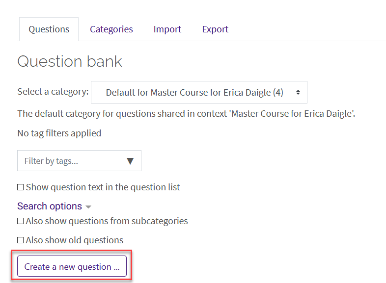question bank with "create new question" selected