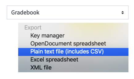 Gradebook dropdown menu with Export option depicted and Plain Text / CSV format highlighted