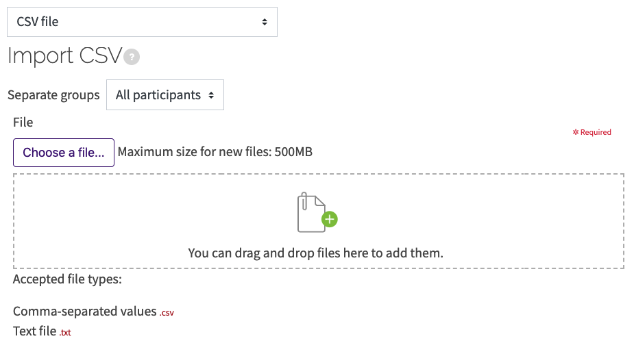 Import CSV screen with drag and drop window depicted