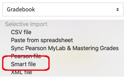 Gradebook drop down menu with Smart file highlighted