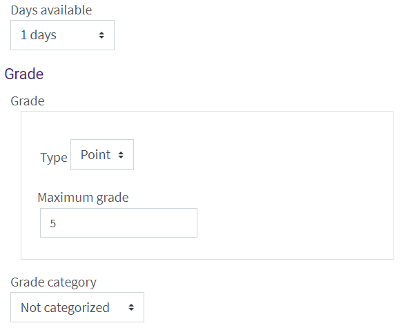 days available dropdown menu with grade section below