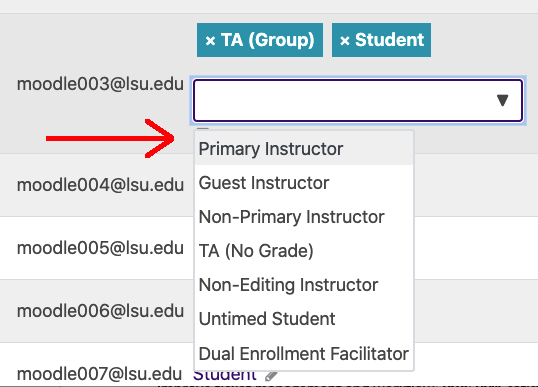 User depicted with assigned roles above and drop down list expanded covering the Save button