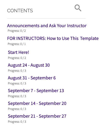 Course Contents showing weekly format with 3 non-sequential topics preceding the first weekly date of August 24 - August 30