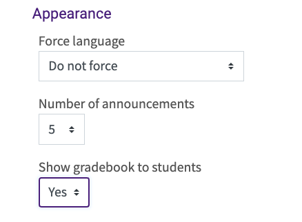 course settings page with Appearance menu expanded depicting the Show gradebook to students setting