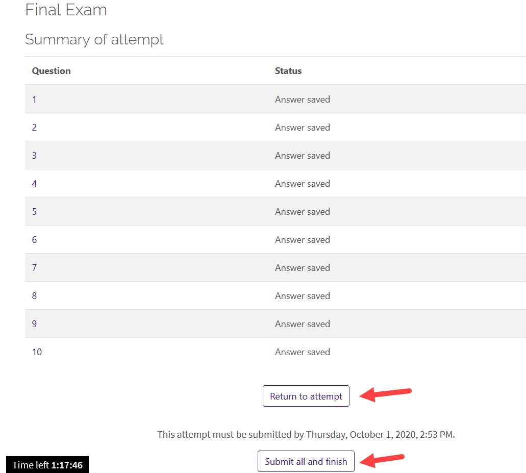 Quiz summary submit attempt or return to attempt