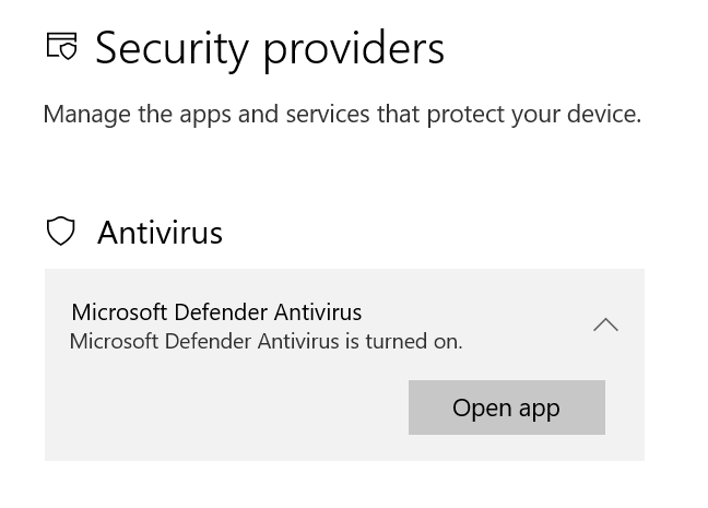 Microsoft Defender Antivirus is listed as the security provider for antivirus