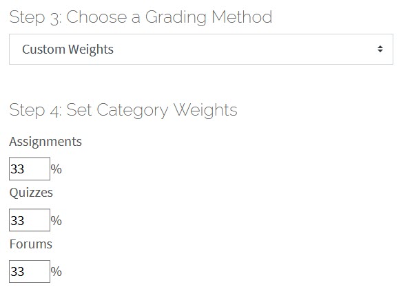 Set category weight percentages screen