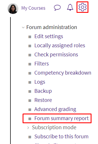 Summary report under gear icon settings