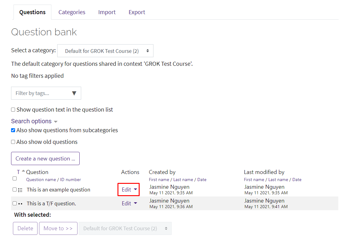 Edit button for question bank below action column