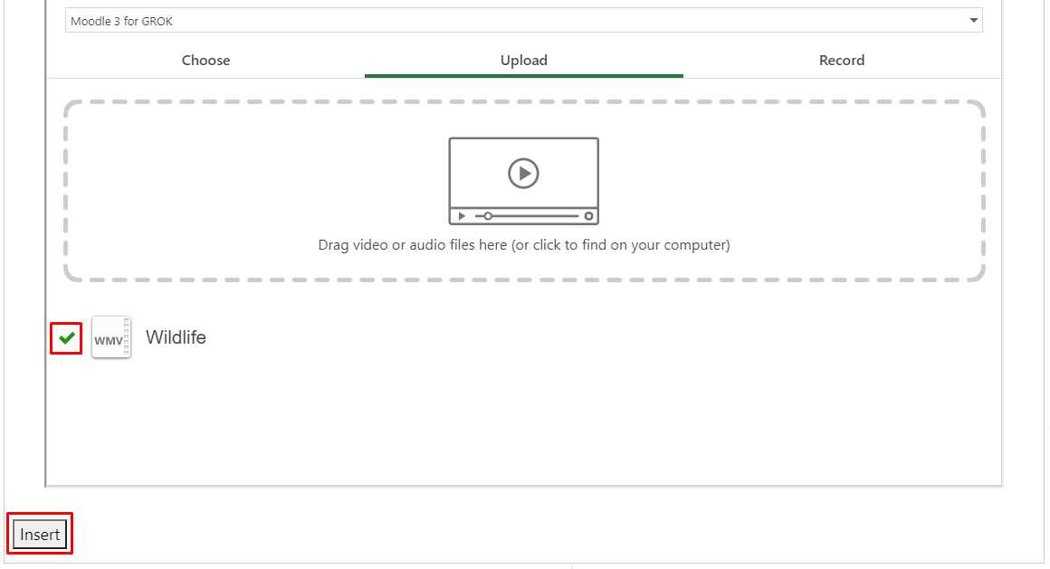 Green check mark next to video file and insert button