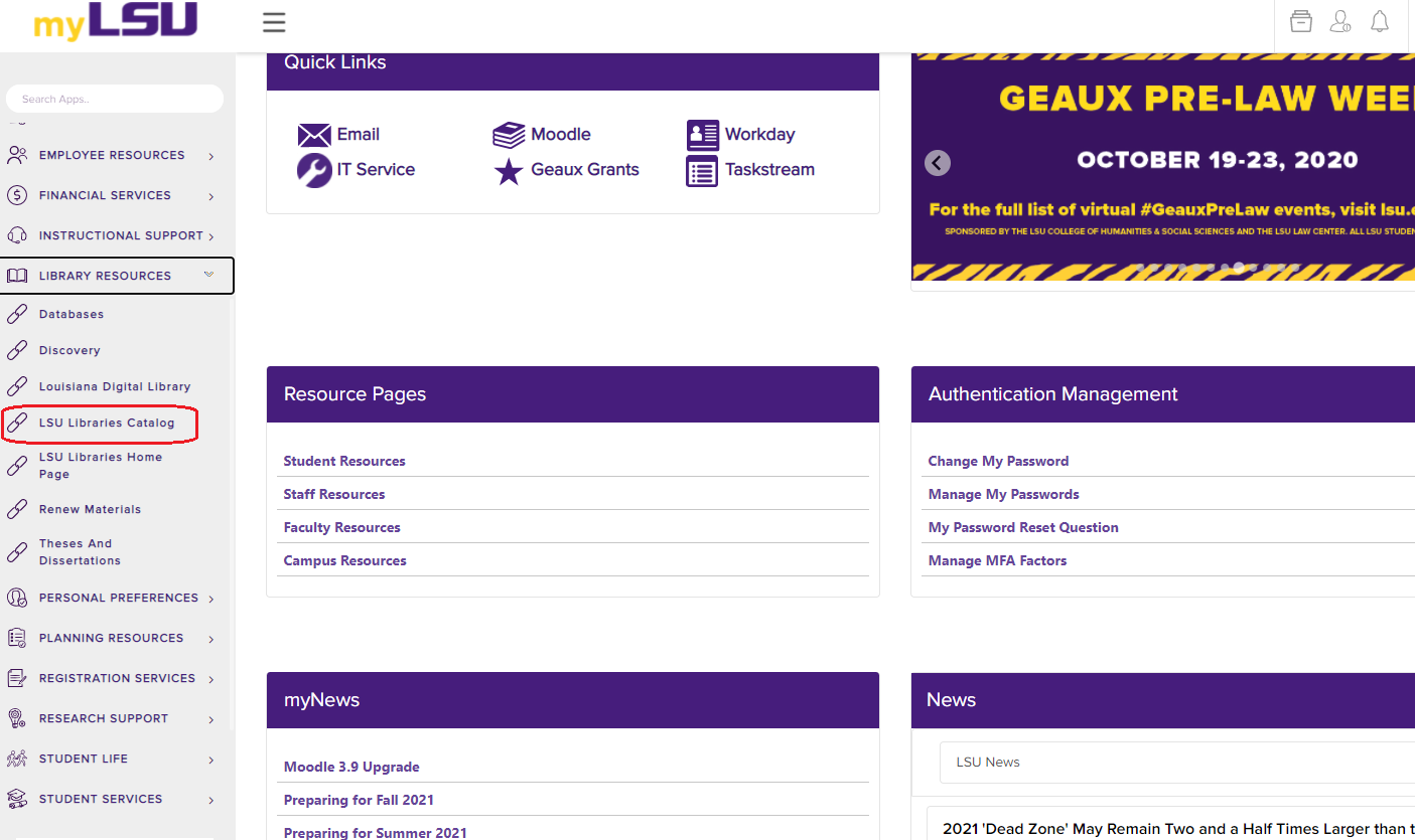 LSU Libraries Catalog under Library Resources