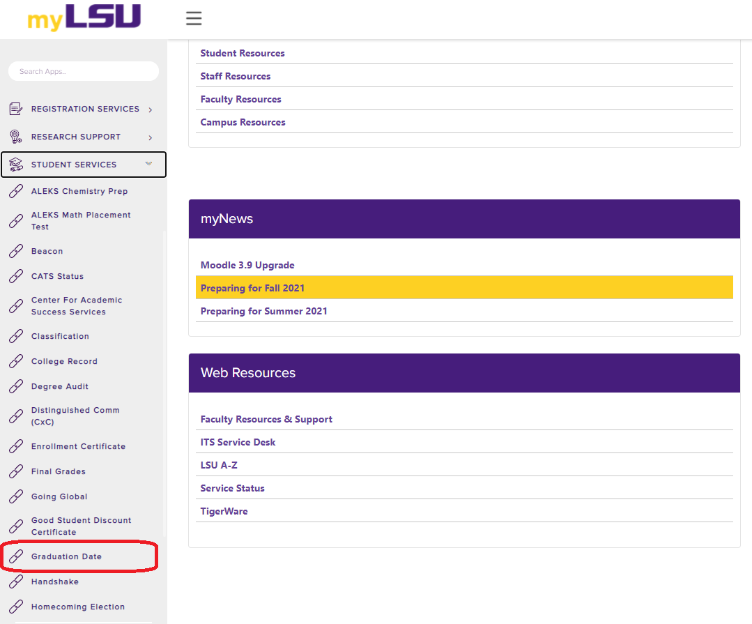  graduation date link in myLSU students services 