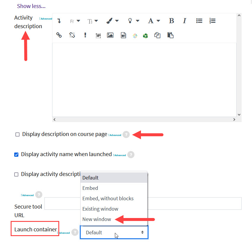 Page fields for adding a description, displaying the description, and opening it in a new window.