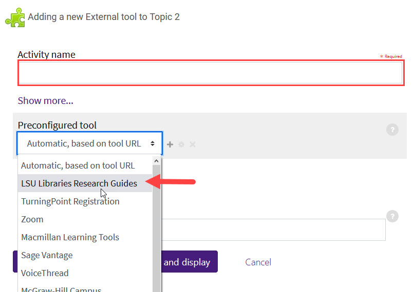 External tool settings with Activity Name highlighted and LSU Libraries Research Guides selected