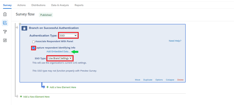 Authentication Type with SSO highlighted, capture respondent info checked