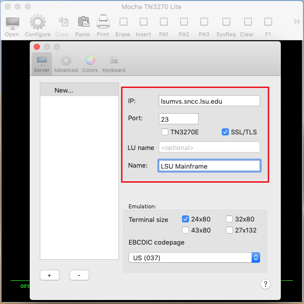 Enter in LSU Mainframe configuration settings