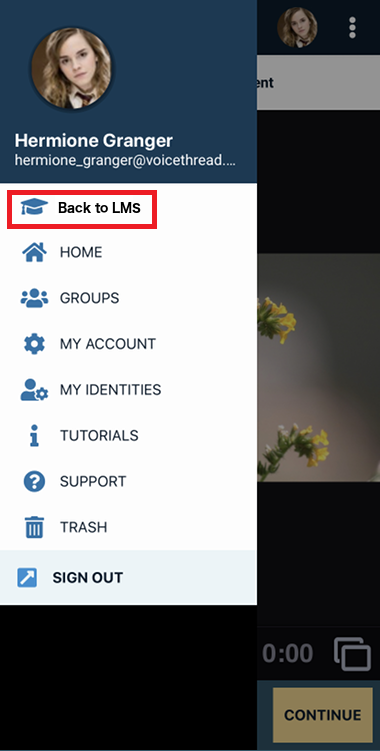 Menu screen showing the back to LMS button to return to Moodle