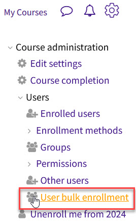 The User bulk enrollment item in the adminitration menu